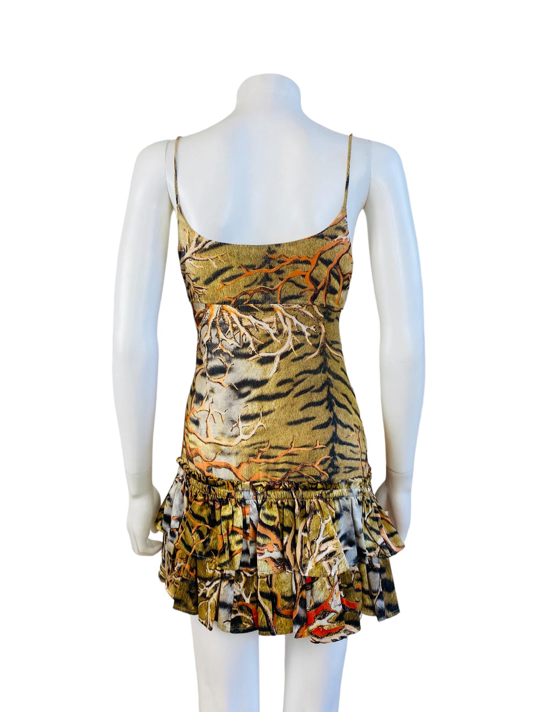 Vintage Y2k 2005 Roberto Cavalli Mini Silk Tiger + Coral Print Slip Dress Ruffle For Sale 5