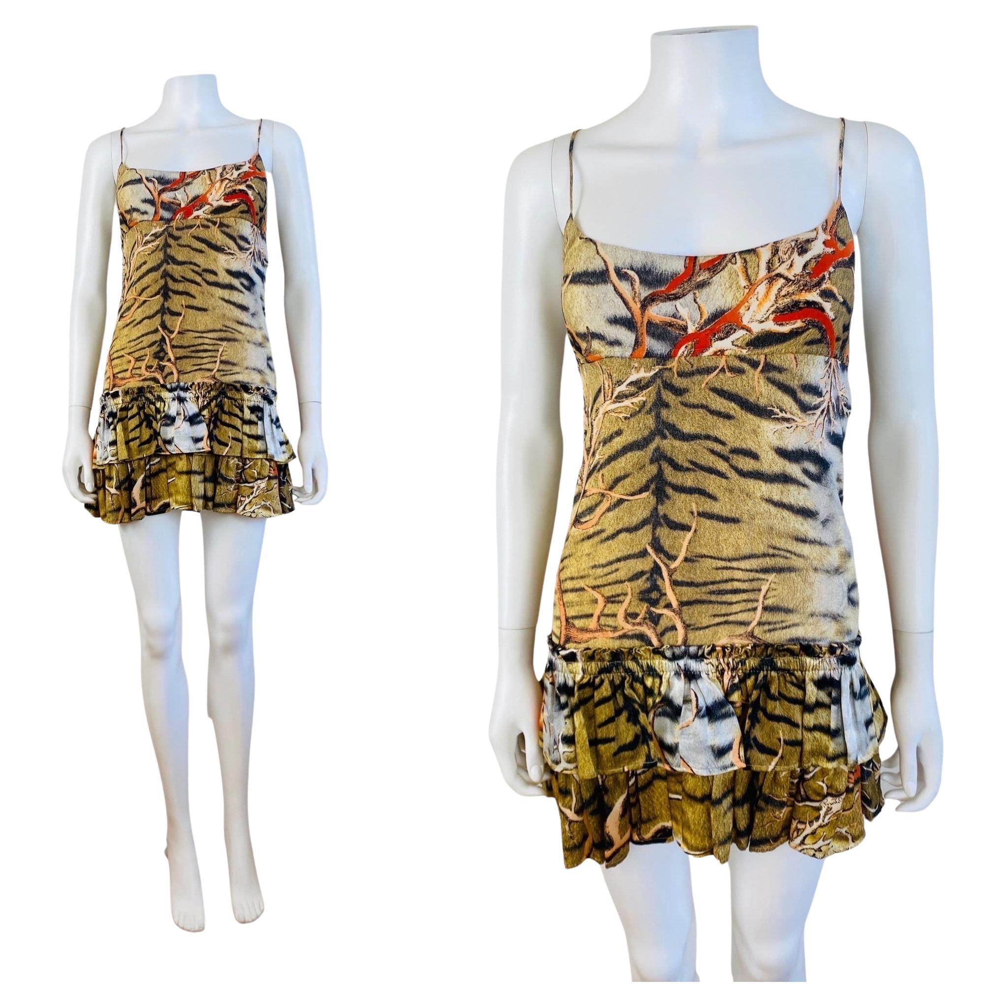 Vintage Y2k 2005 Roberto Cavalli Mini Silk Tiger + Coral Print Slip Dress Ruffle For Sale