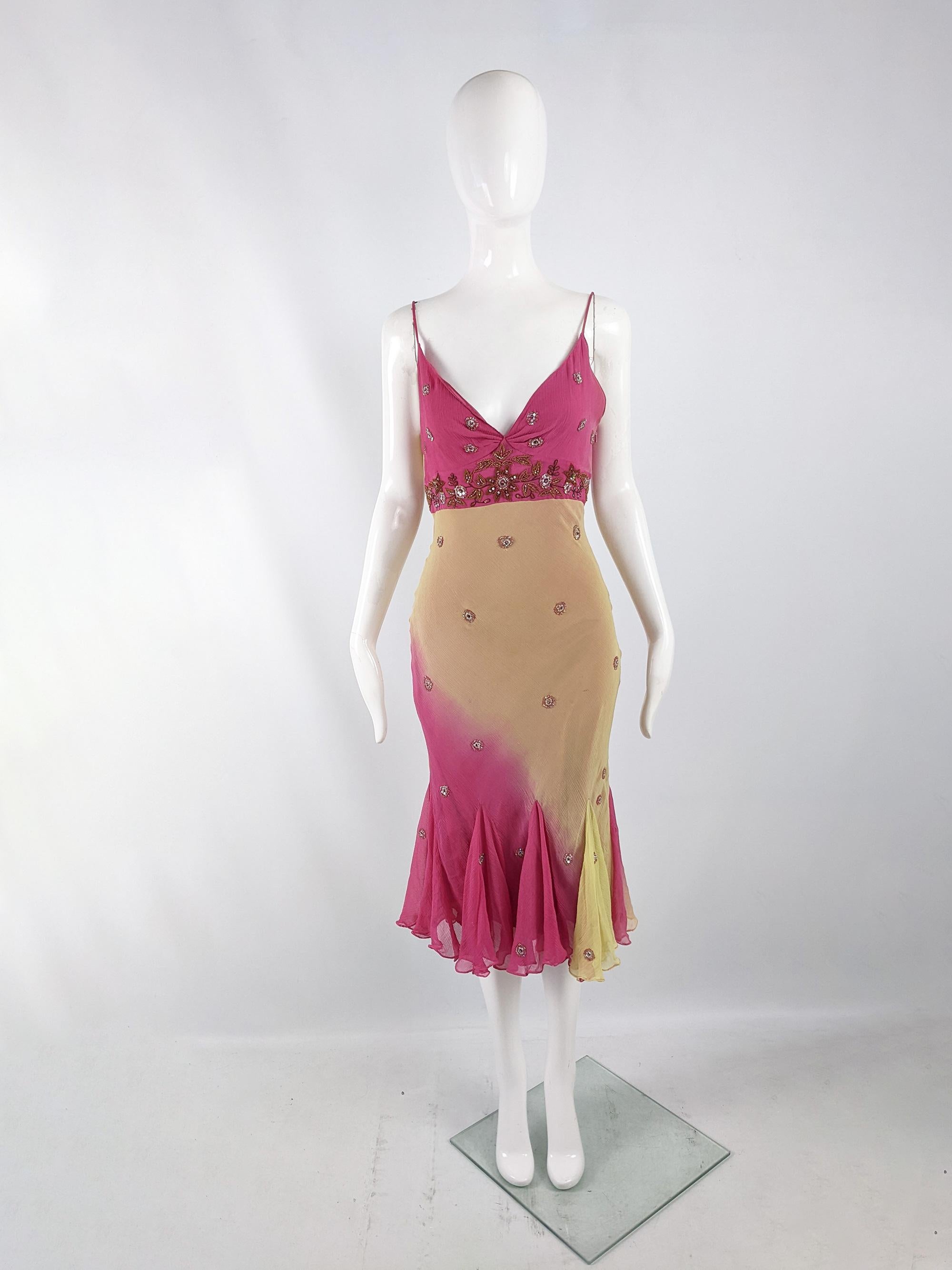 An incredible vintage womens party dress from the late 90s / early 2000s. In a bias cut fuchsia and palest pastel lime coloured pure silk chiffon. It has glamorous, intricate beading throughout.

Size: Unlabelled; measures roughly like a modern