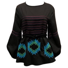 Vintage Y2K Cynthia Rowley bestickte Bluse mit Ballonärmeln und Seilgürtel