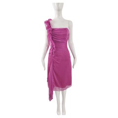 Vintage y2k Fuchsia Cerise Pink Chiffon Ruffle Corset Back Evebubg Party Dress