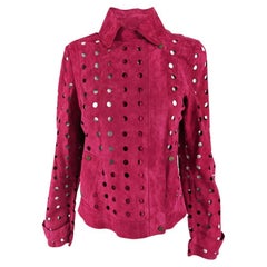 Vintage y2k Fuchsia Pink Suede Laser Cut Out Womens Biker Jacket, 2000s