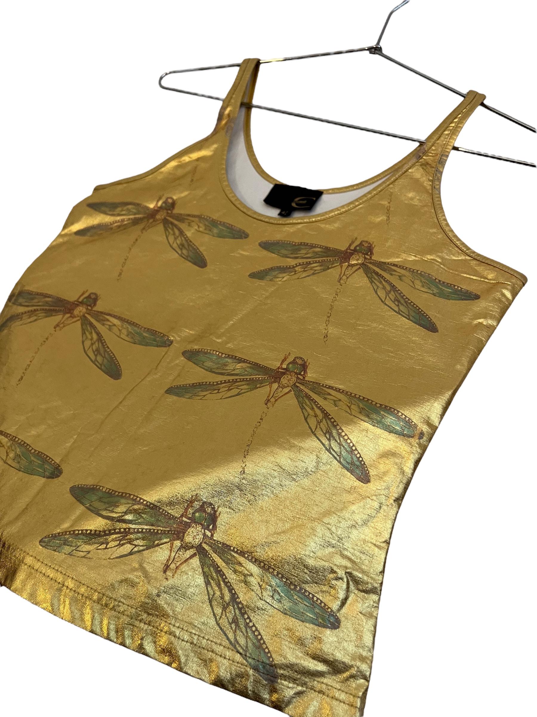 Women's Vintage Y2k Gold Lamé Roberto Cavalli Dragonfly Butterfly Tank Top Vest For Sale