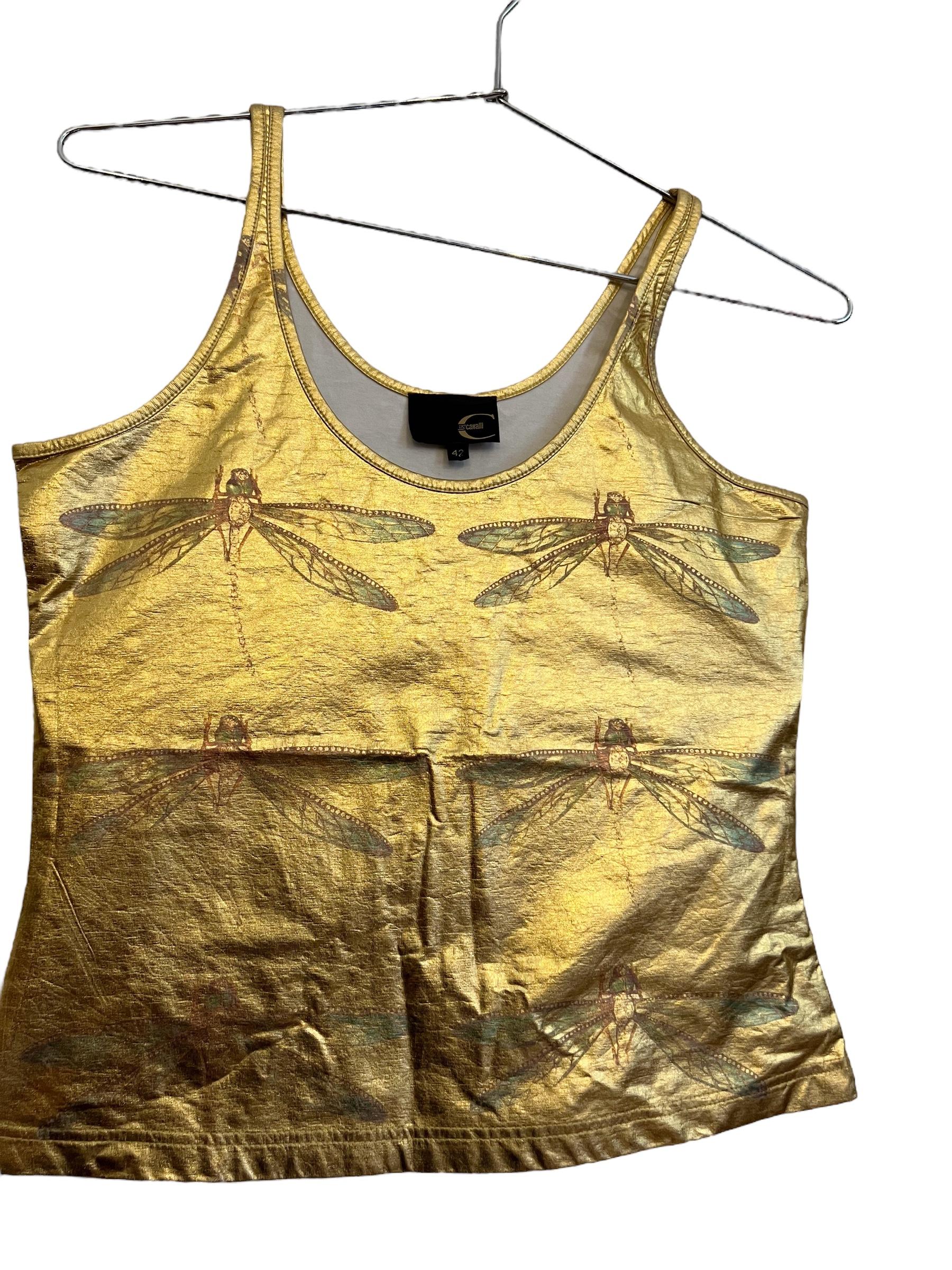 Vintage Y2k Gold Lamé Roberto Cavalli Dragonfly Butterfly Tank Top Vest For Sale 2