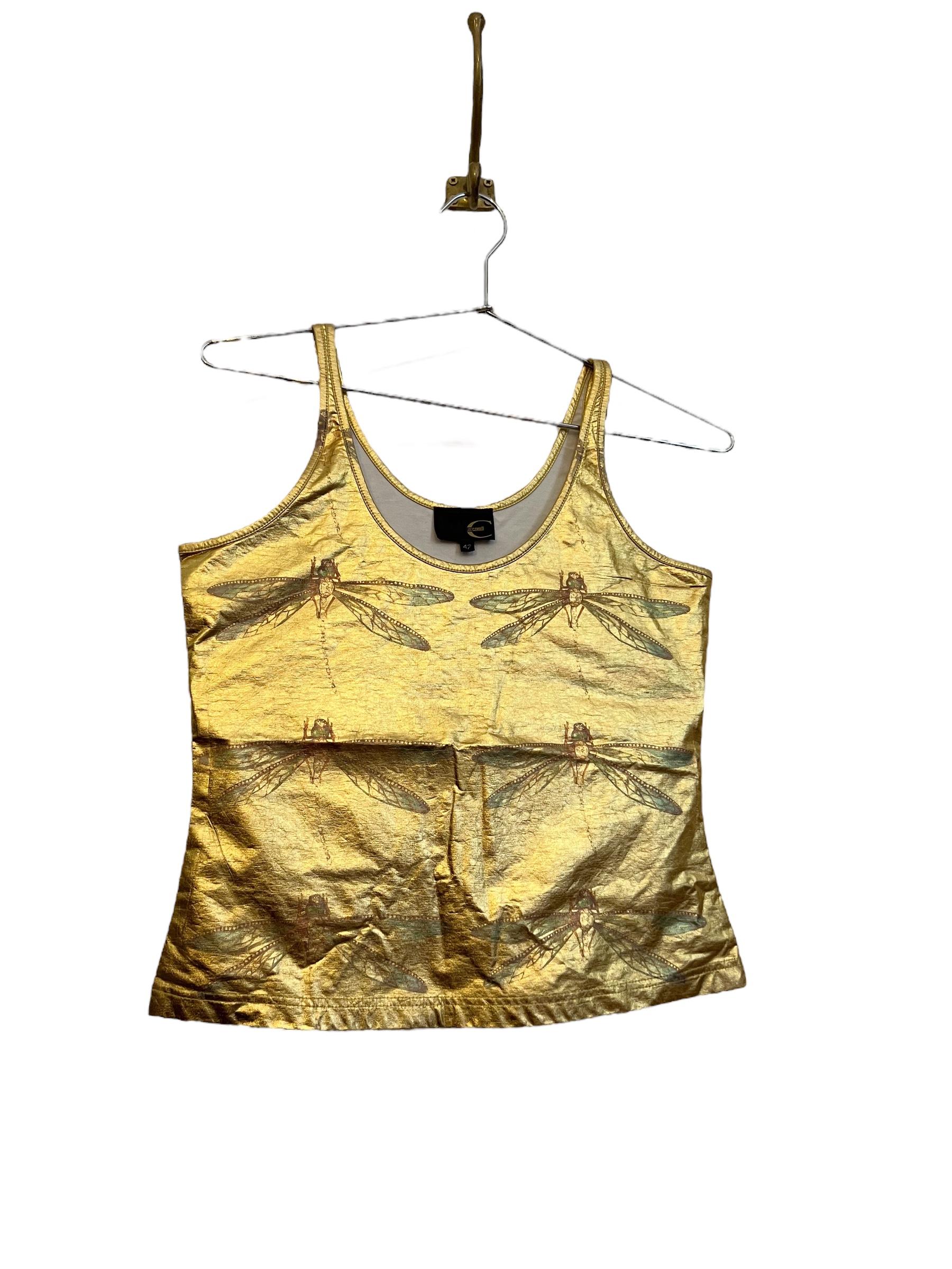 Vintage Y2k Gold Lamé Roberto Cavalli Dragonfly Butterfly Tank Top Vest For Sale 4