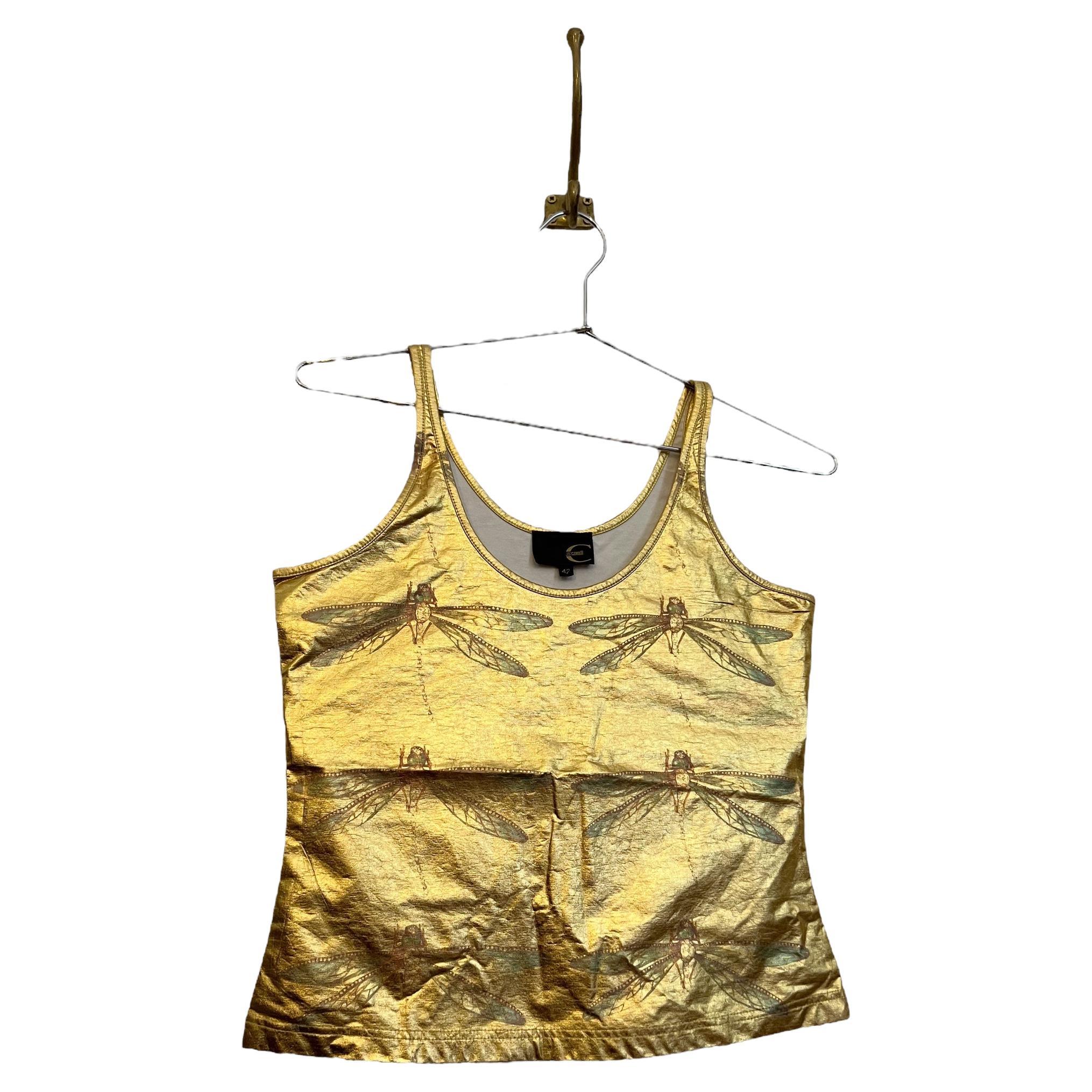 Vintage Y2k Gold Lamé Roberto Cavalli Dragonfly Butterfly Tank Top Vest For Sale
