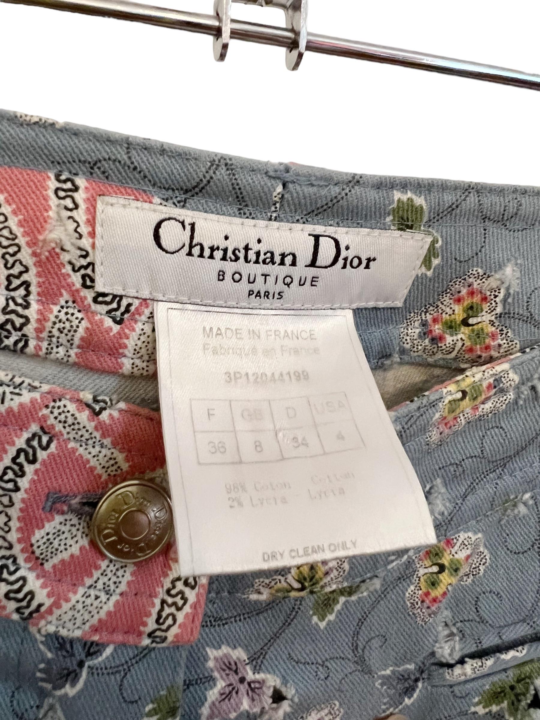 Gris Y2k Jean vintage Christian Dior par Galliano à motif fleuri, taille basse en vente