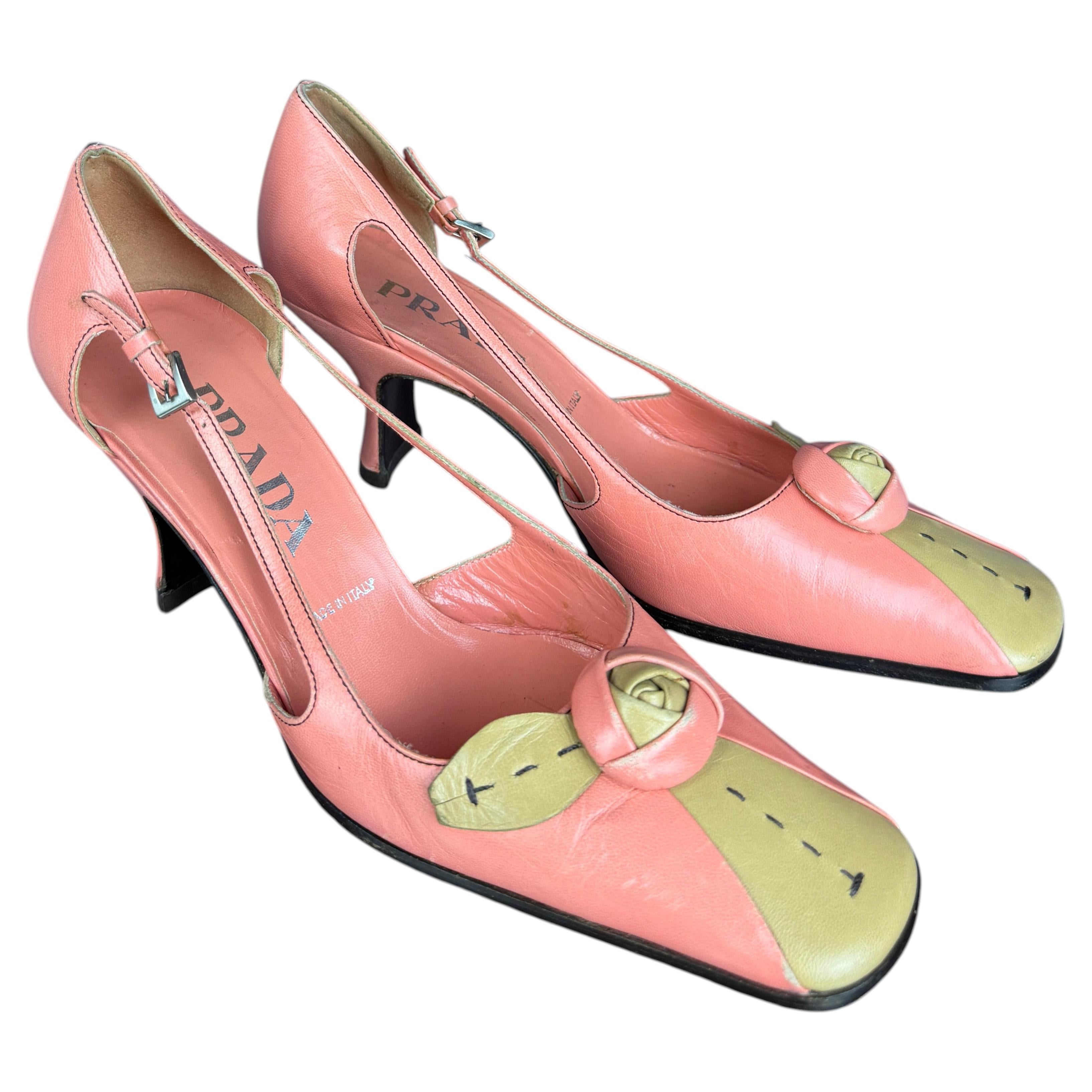 Vintage FALL 2003 Prada Peach and Camel Leather Rosette Kitten Heel Pumps