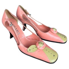 Vintage Y2K Prada Peach and Camel Leather Rosette Kitten Heel Pumps