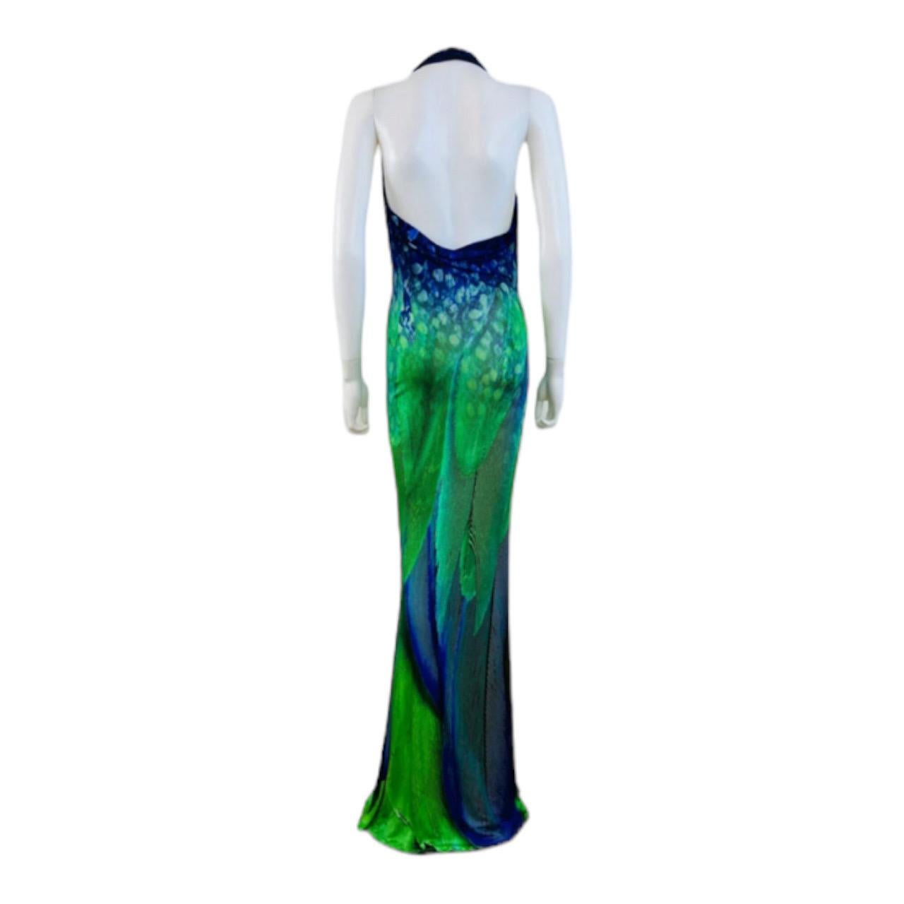 Vintage Y2K Roberto Cavalli Peacock Feather Halter Maxi Dress Gown Open Back For Sale 2