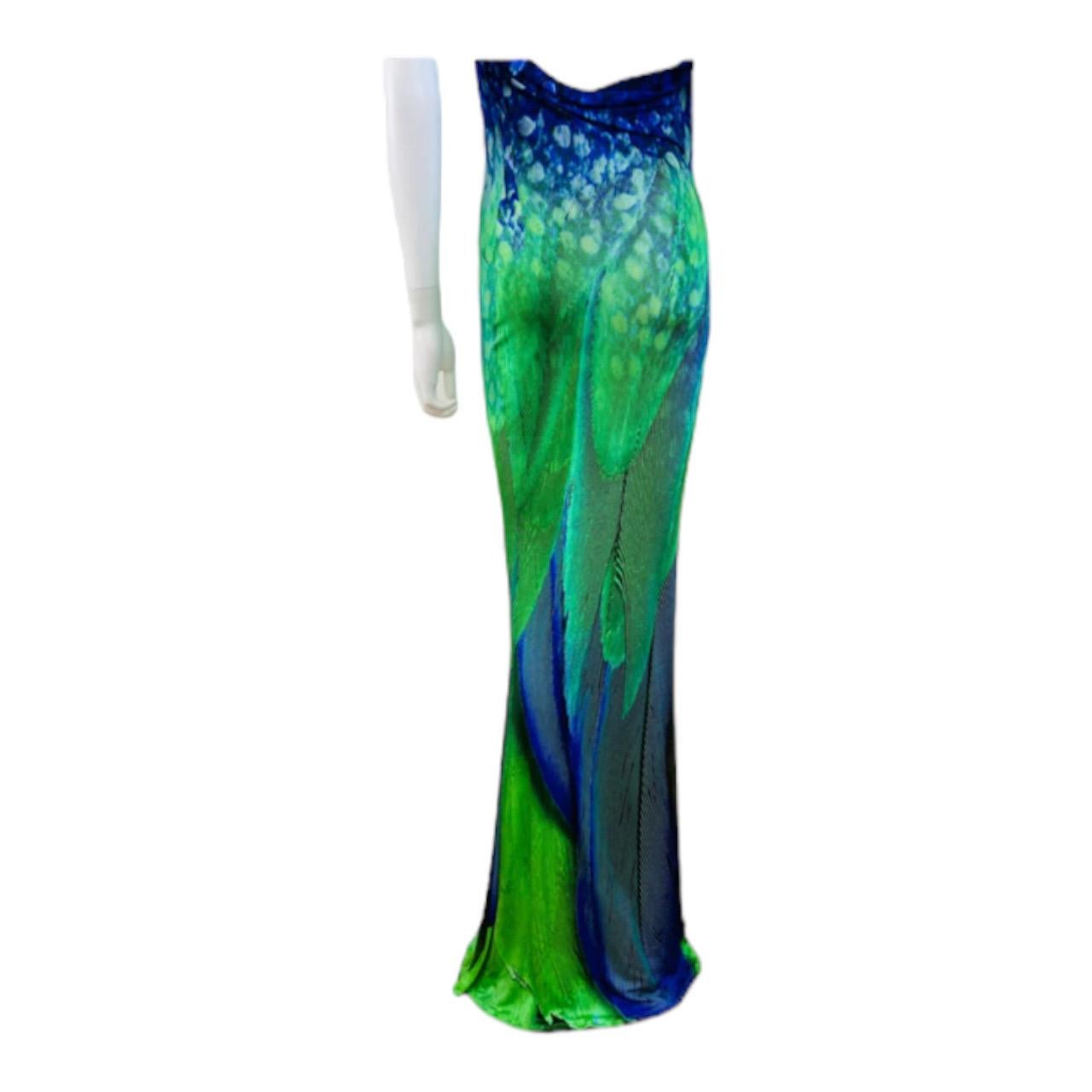Vintage Y2K Roberto Cavalli Peacock Feather Halter Maxi Dress Gown Open Back For Sale 4