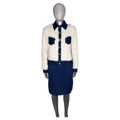 Vintage Y2K Thierry Mugler White Rabbit Fur and Blue Denim Jacket and Skirt Set