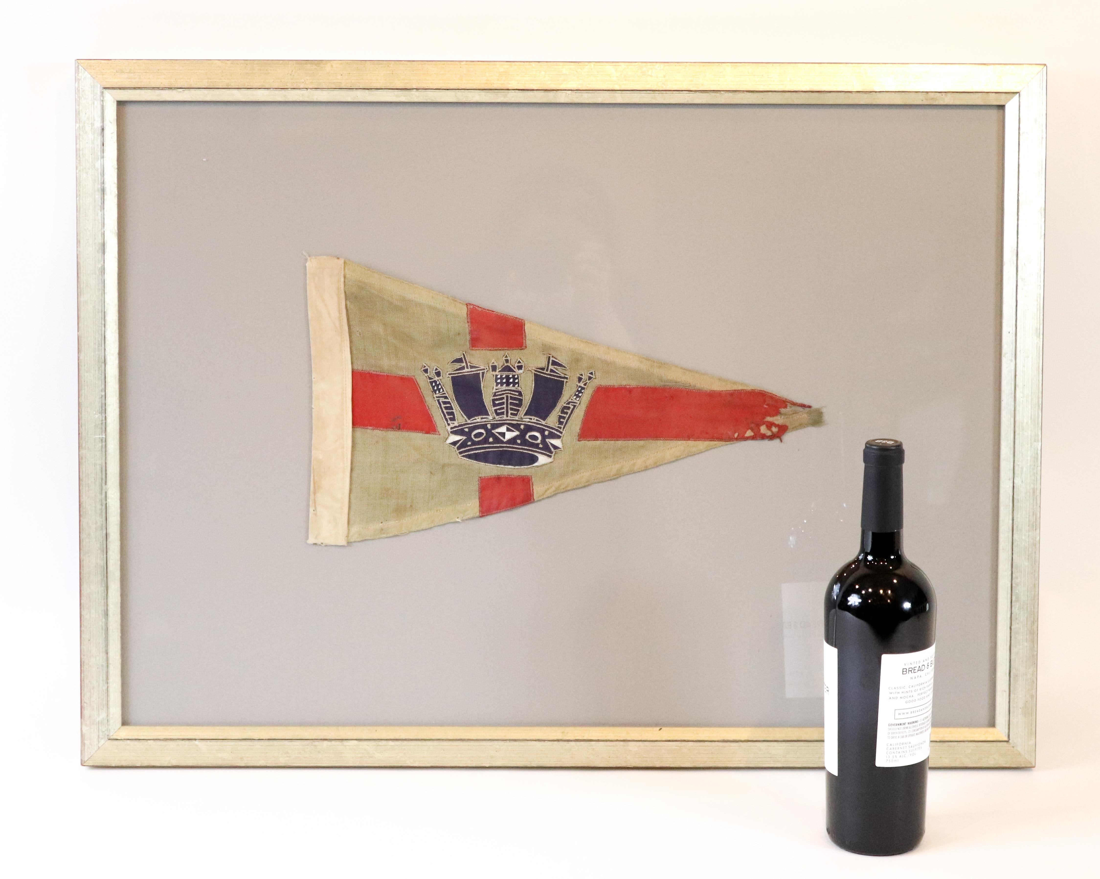 Vintage yacht burgee with Royal crown possibly from an English yacht squadron. Weathered condition. Mated and framed. Measures: 23