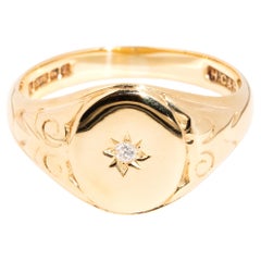 Vintage Year 1974 Hallmarked Star Set Diamond Signet Ring 9 Carat Yellow Gold