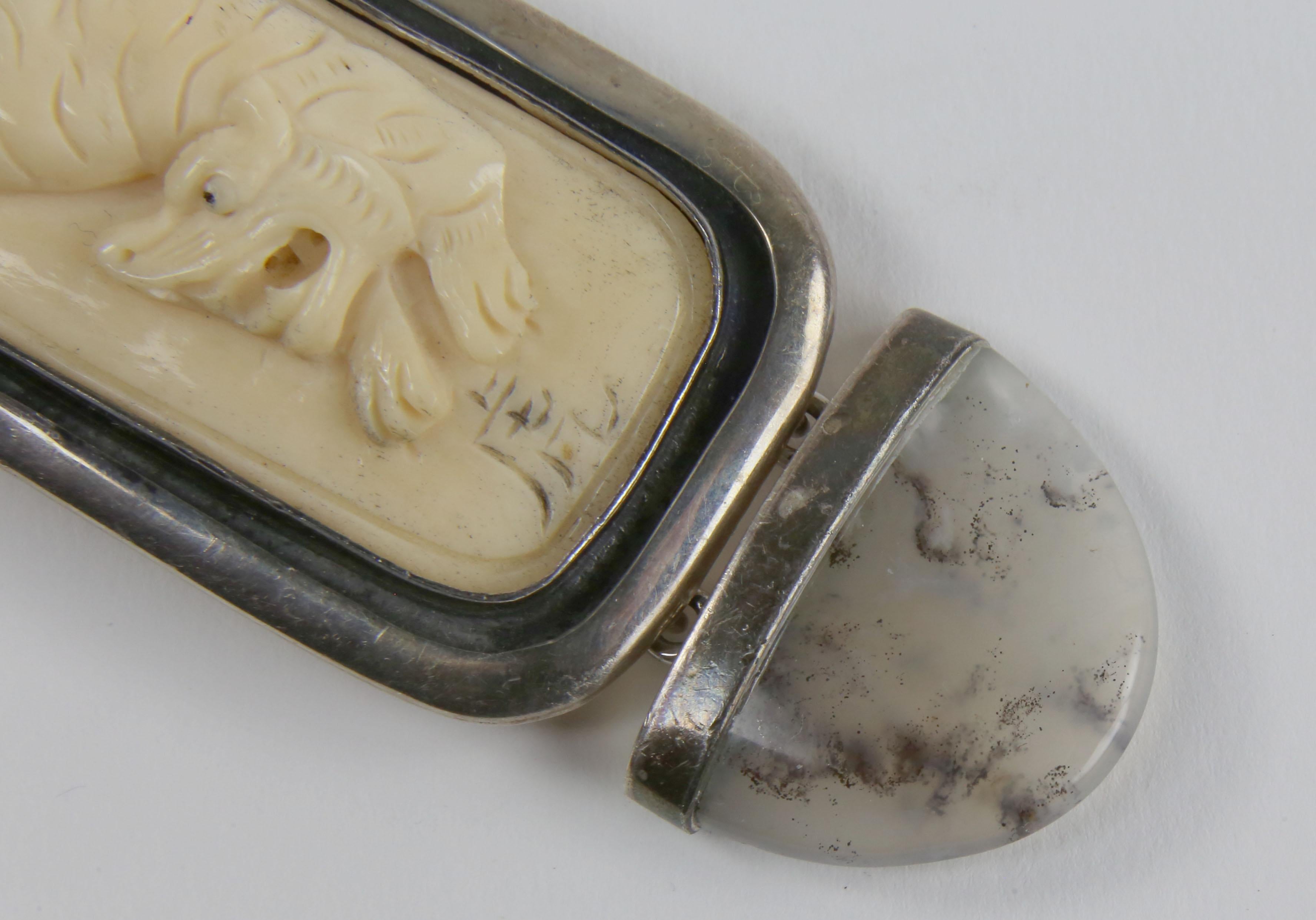 Modernist Vintage Year of the Tiger Estate Bone Agate Brooch Pin Pendant For Sale