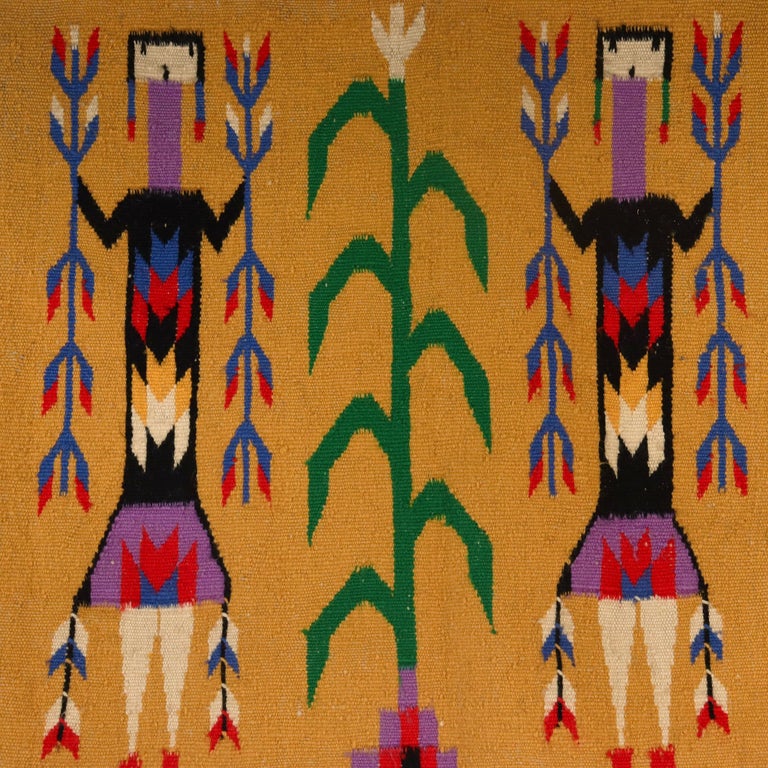 Native American Vintage Yei Pictoral Navajo Wool Tapestry or Carpet Weaving with Corn People