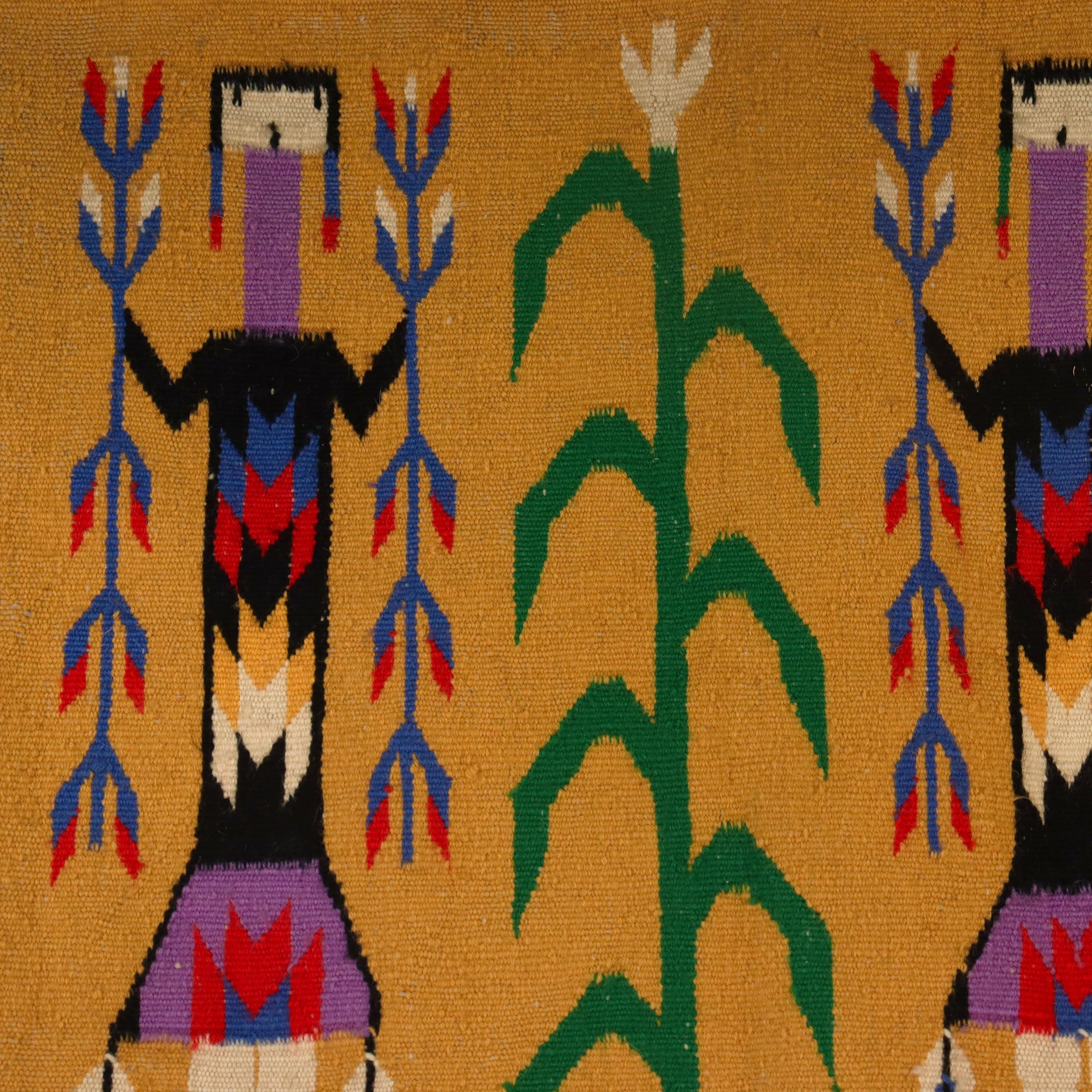 North American Vintage Yei Pictoral Navajo Wool Tapestry or Carpet Weaving with Corn People