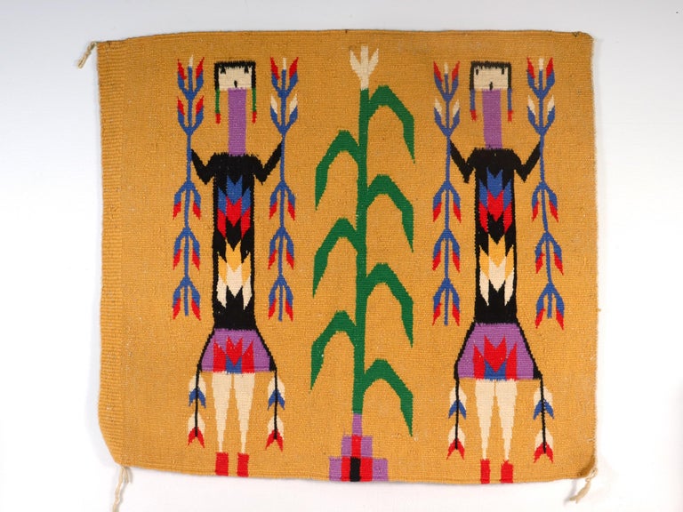 Hand-Woven Vintage Yei Pictoral Navajo Wool Tapestry or Carpet Weaving with Corn People