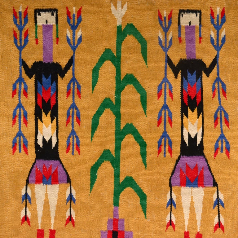 Vintage Yei Pictoral Navajo Wool Tapestry or Carpet Weaving with Corn People In Good Condition In Philadelphia, PA