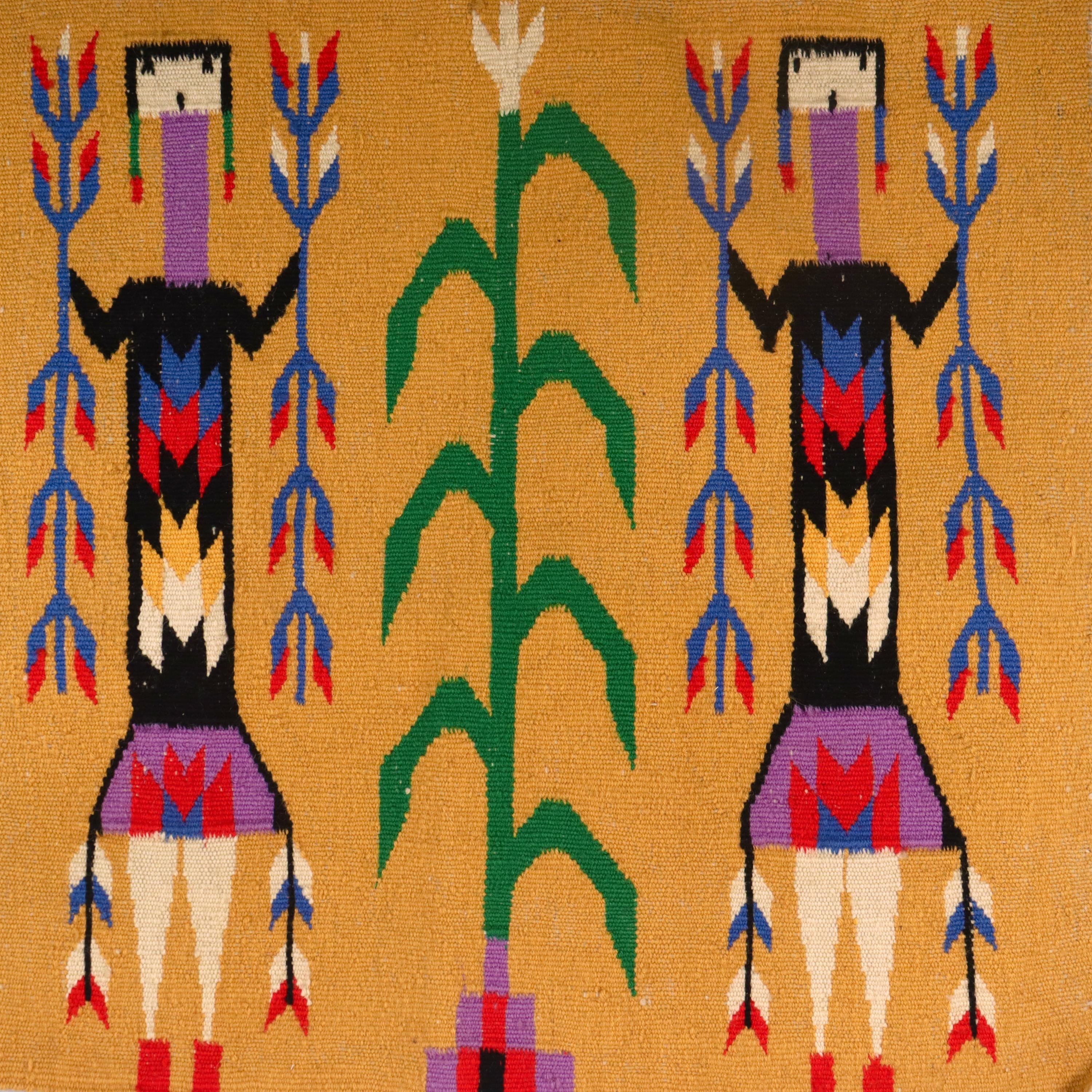 20th Century Vintage Yei Pictoral Navajo Wool Tapestry or Carpet Weaving with Corn People