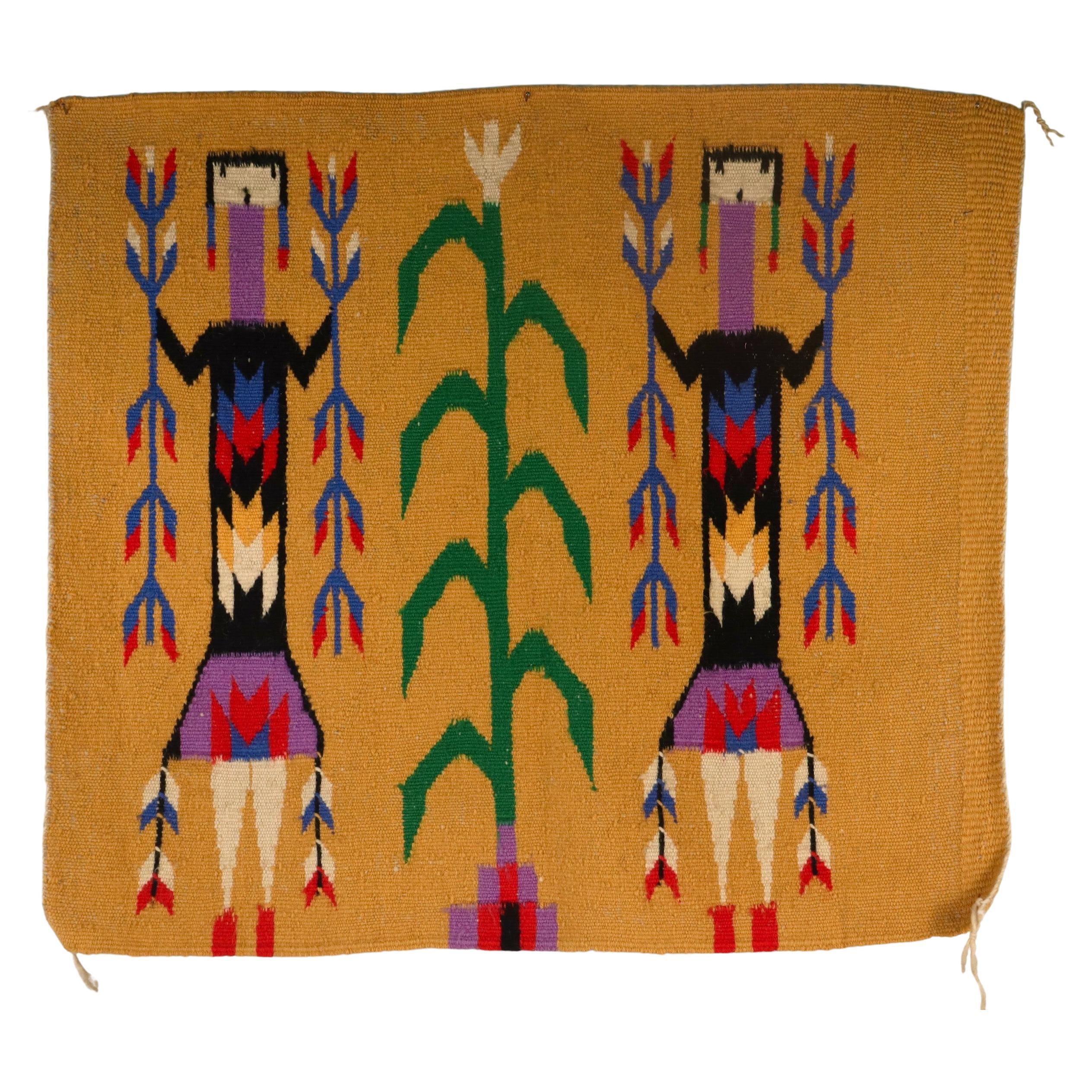 Vintage Yei Pictoral Navajo Wool Tapestry or Carpet Weaving with Corn People