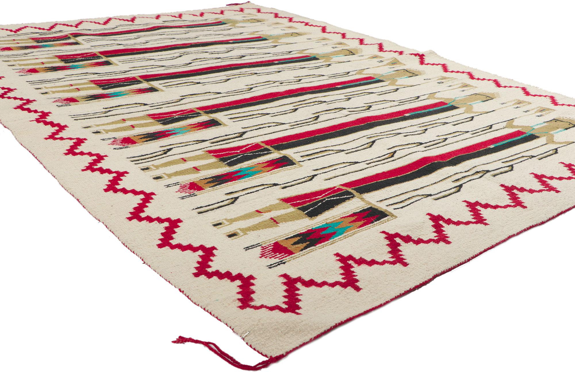 78502 Vintage Yeibichai Navajo Rug, 05'03 x 07'03. Yeibichai Navajo rugs are a distinctive type of Navajo weaving that depict figures from the Yeibichai dance, a ceremonial dance central to Navajo mythology and healing practices. These rugs feature
