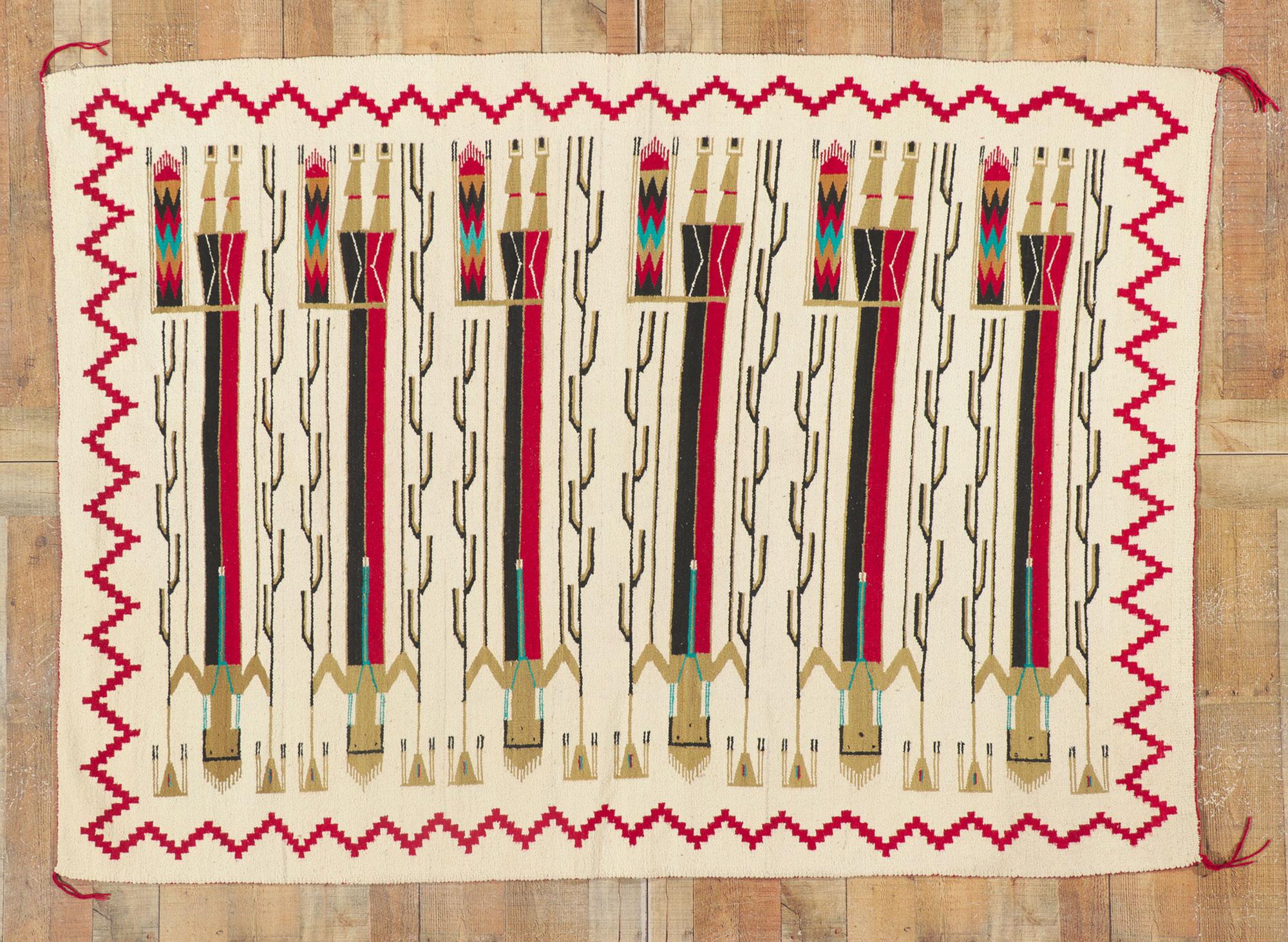 Tapis Navajo vintage Yeibichai avec six Yei féminins tenant des bâtons de prière Bon état - En vente à Dallas, TX