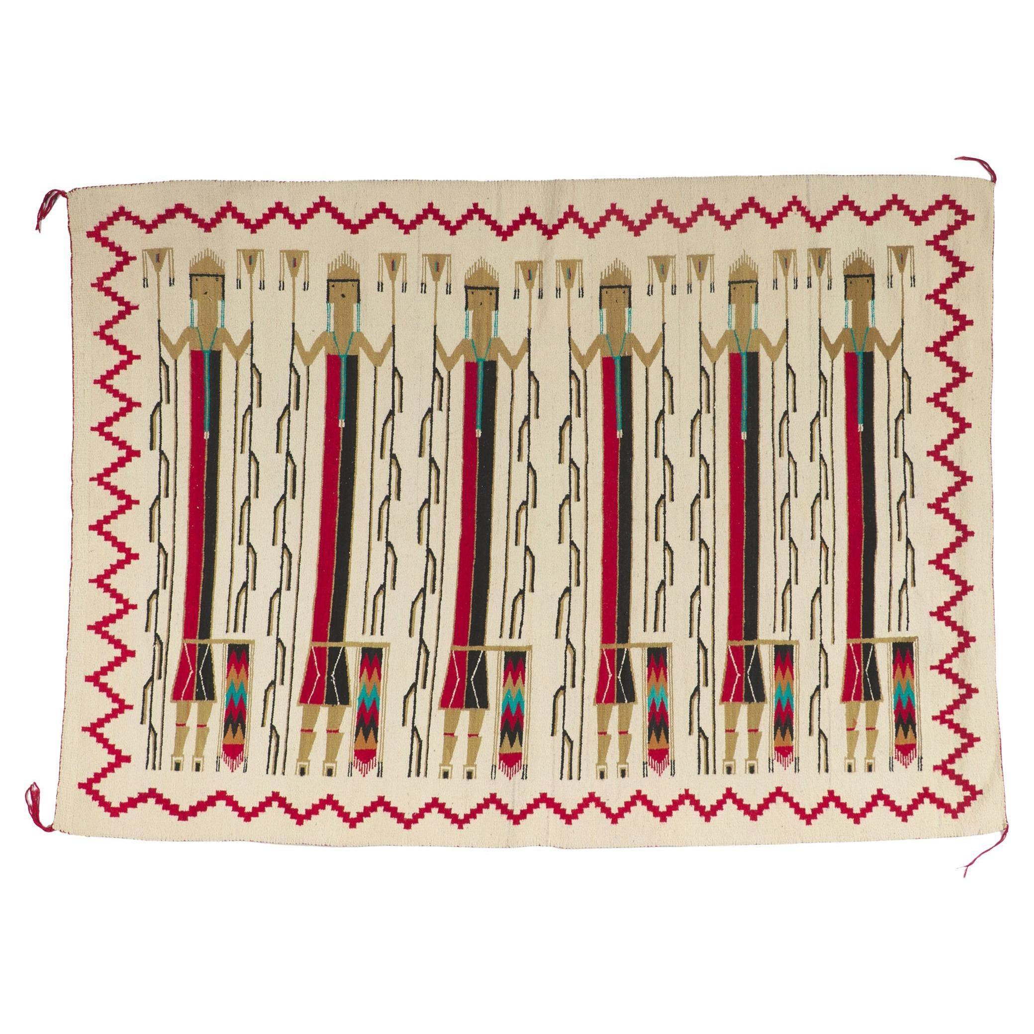 Yeibichai Navajo-Teppich im Vintage-Stil mit sechs weiblichen Yei-Teppichen, die Gebetsstab halten