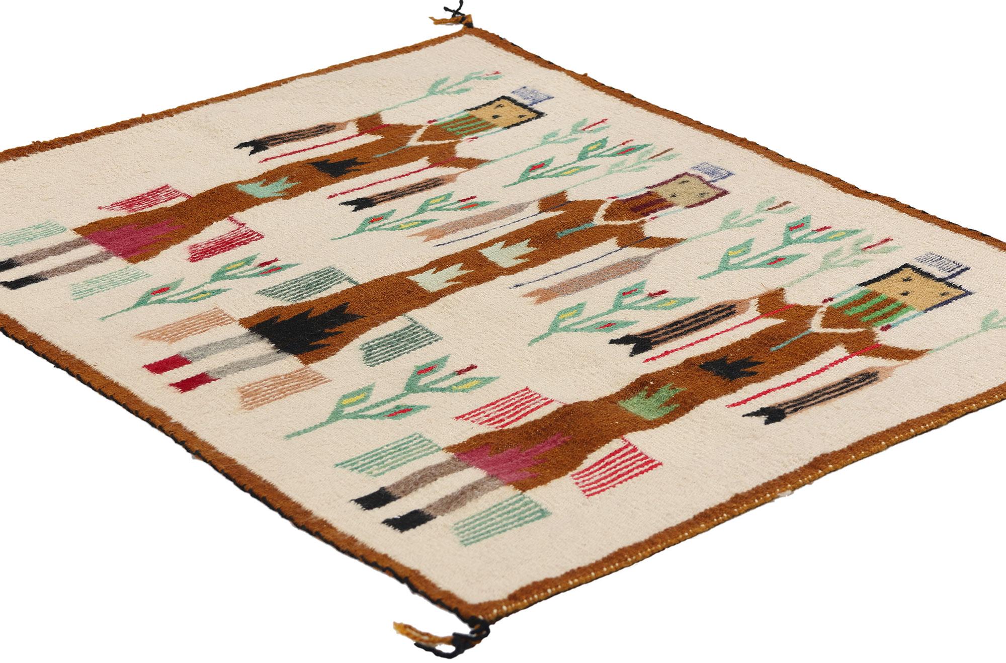 79111 Vintage Yeibichai-Inspired Pictorial Textile, 02'05 x 02'00. A woven tribute to ceremonial rhythm and spiritual continuity, this exquisite vintage handwoven wool pictorial textile presents a visually arresting trio of Yeibichai-inspired