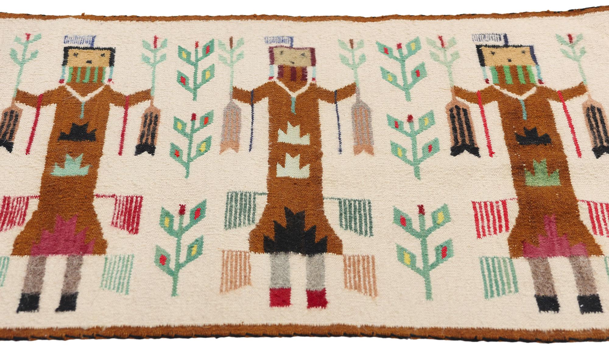 Spanish Colonial Vintage Yeibichai-Inspired Pictorial Textile with Southwest Modern Style For Sale