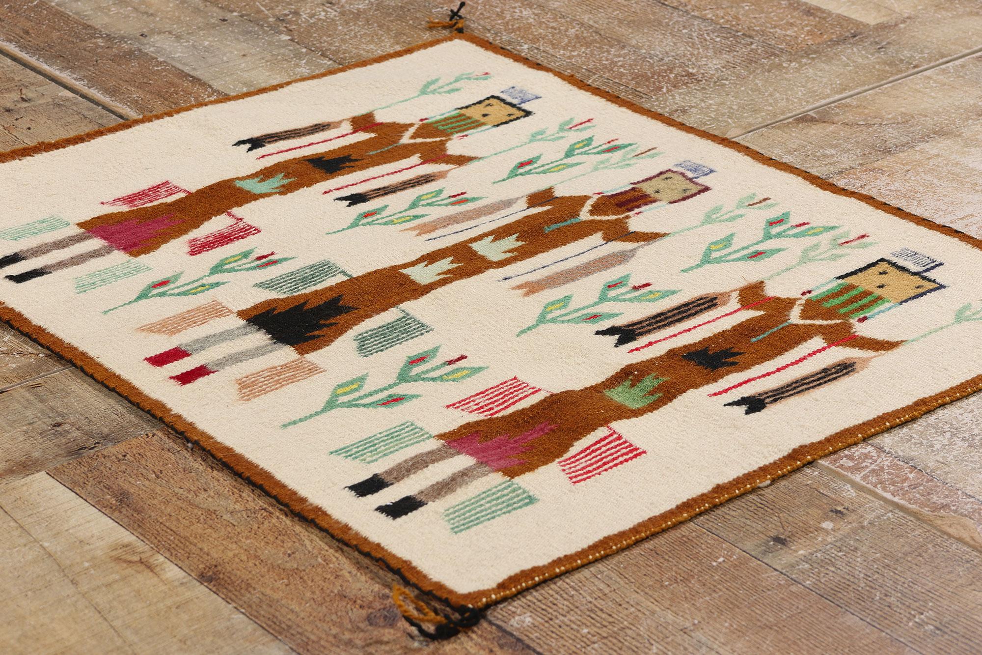 Vintage Yeibichai-Inspired Pictorial Textile with Southwest Modern Style In Distressed Condition For Sale In Dallas, TX