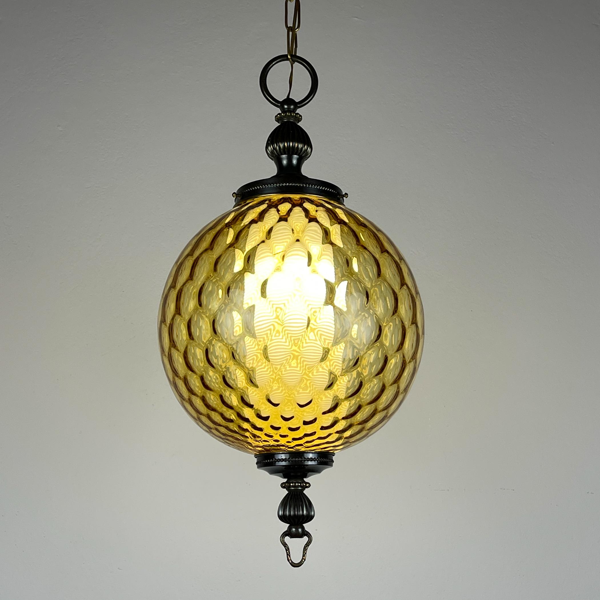 Art Deco Vintage yelllow murano sphere ball pendant lamp Italy 1970s For Sale