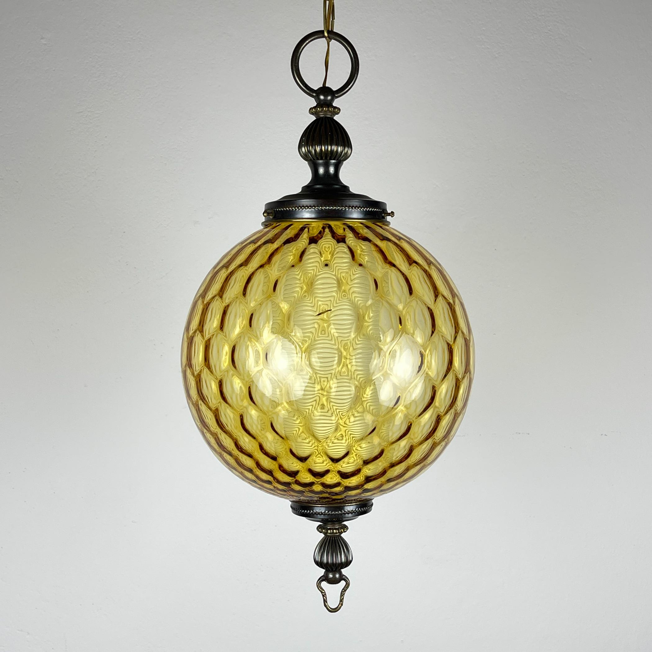 Italian Vintage yelllow murano sphere ball pendant lamp Italy 1970s For Sale