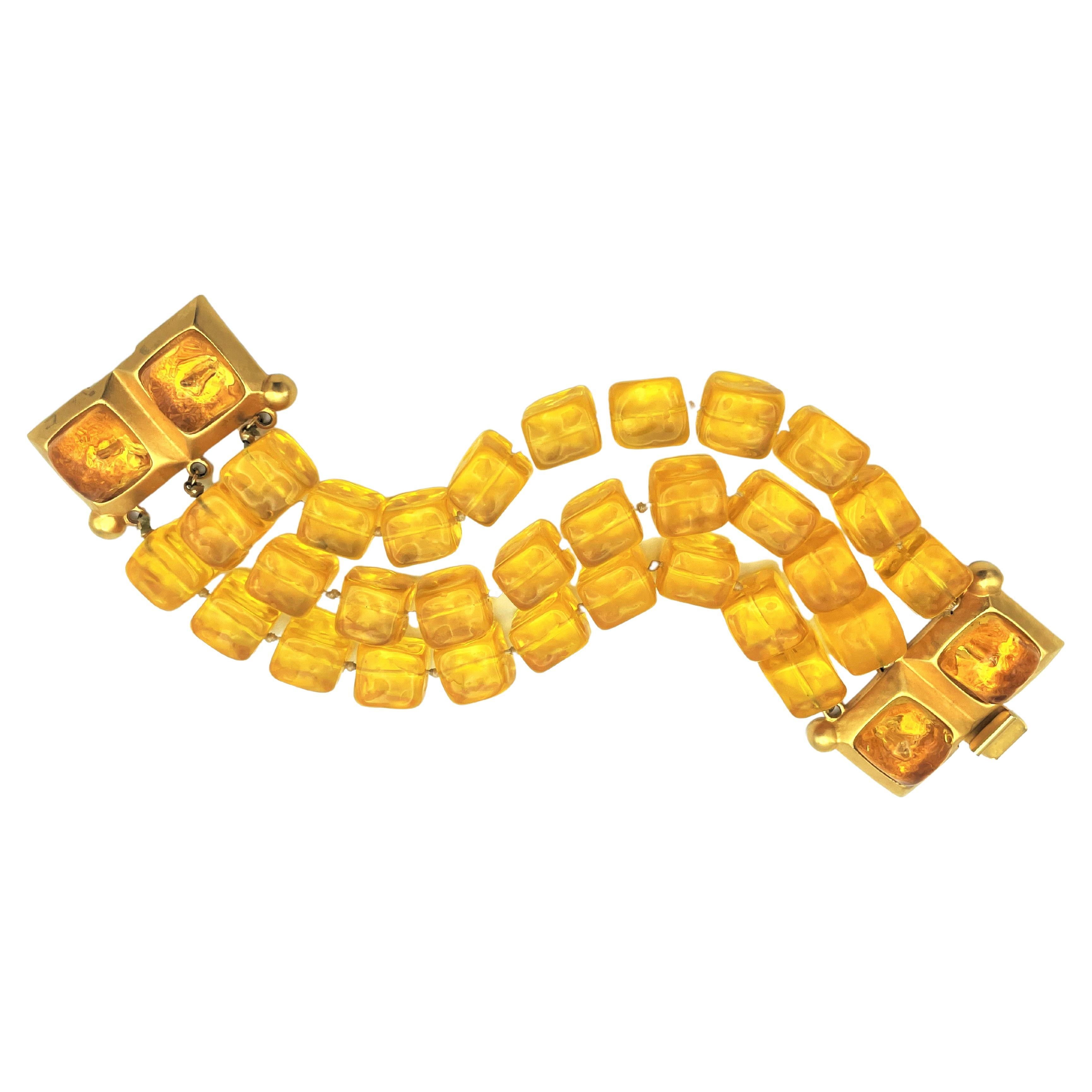 Vintage yellow 3-row bracelet signed Karl Lagerfeld, Lucit 1980s France 