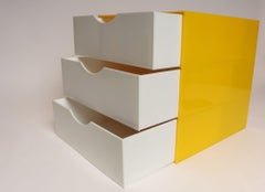 Vintage Yellow Acrylic Storage Cube with Three White Drawers after Joe Colombo