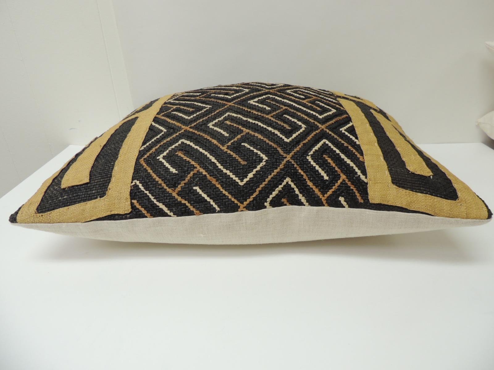 Hand-Crafted Vintage Yellow and Black African Kuba Embroidered Decorative Bolster Pillow