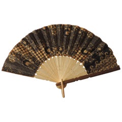 Vintage Yellow and Black Batik Bamboo Fan
