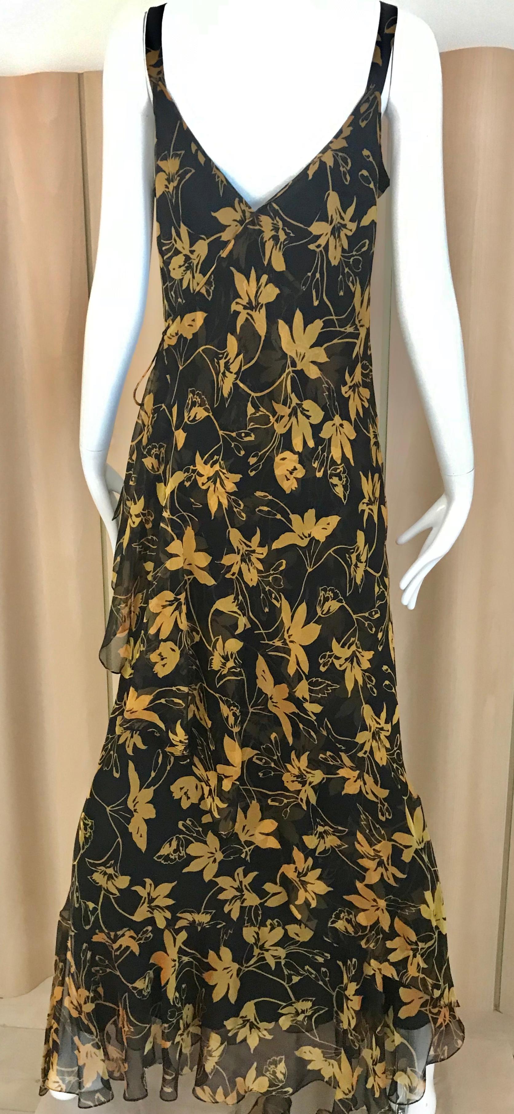 Vintage Yellow and Black Silk Floral Print Dress with Shawl by Pilar Rossi 4