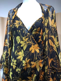 Vintage Yellow and Black Silk Floral Print Dress with Shawl by Pilar Rossi