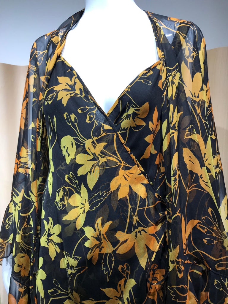 Pilar Rossi Black, yellow, orange floral print silk chiffon bias cut spaghetti strap gown and large shawl.  
Fit size 2/4/6/8