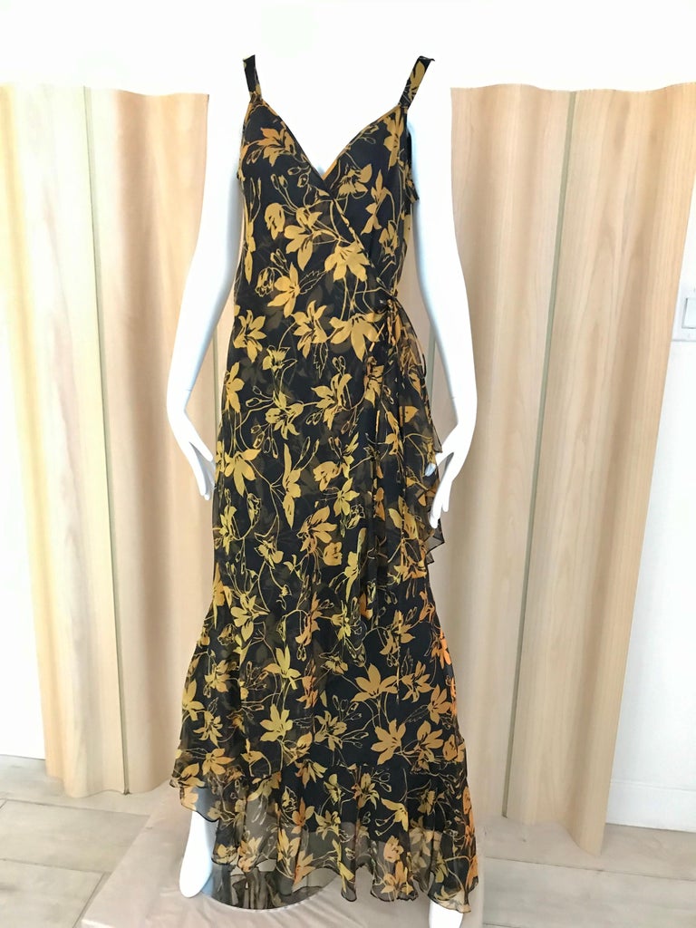 Vintage Yellow and Black Silk Floral Print Dress with Shawl by Pilar Rossi In Excellent Condition For Sale In Beverly Hills, CA