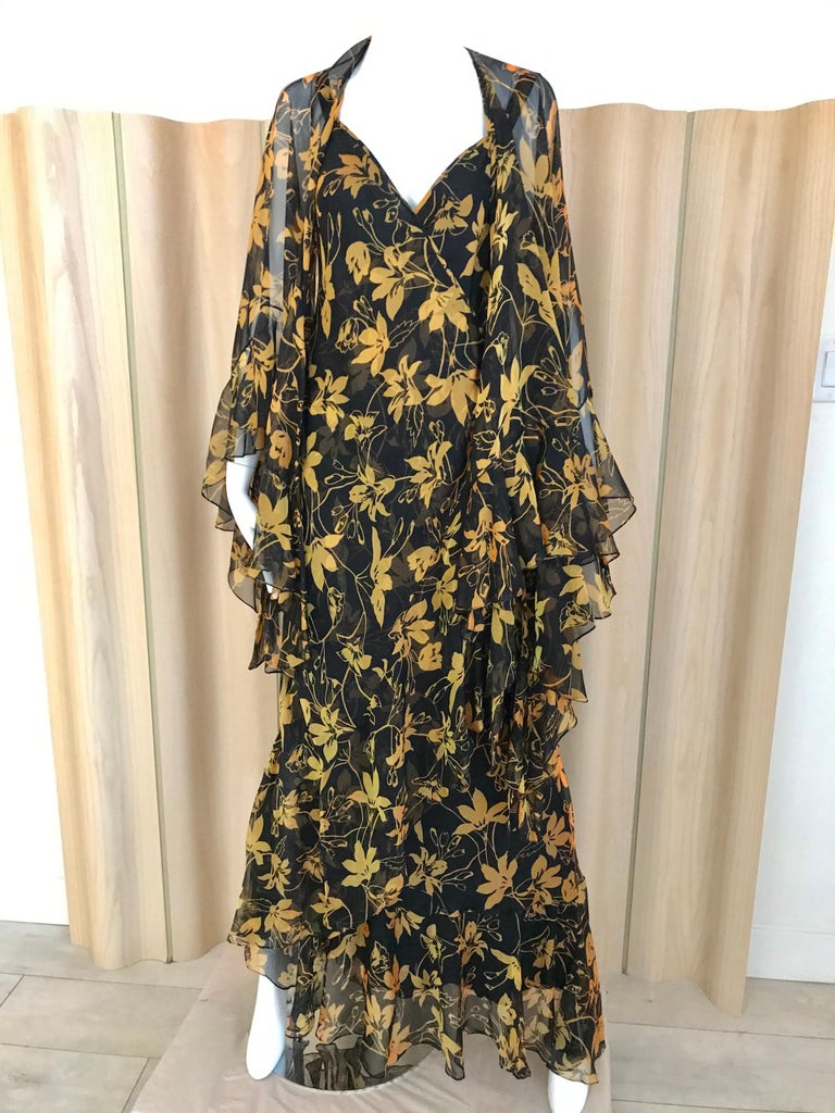 Women's Vintage Yellow and Black Silk Floral Print Dress with Shawl by Pilar Rossi For Sale