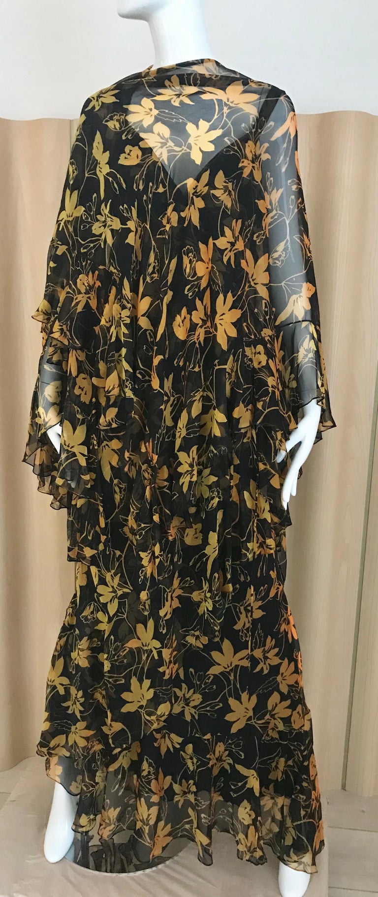 Vintage Yellow and Black Silk Floral Print Dress with Shawl by Pilar Rossi For Sale 1