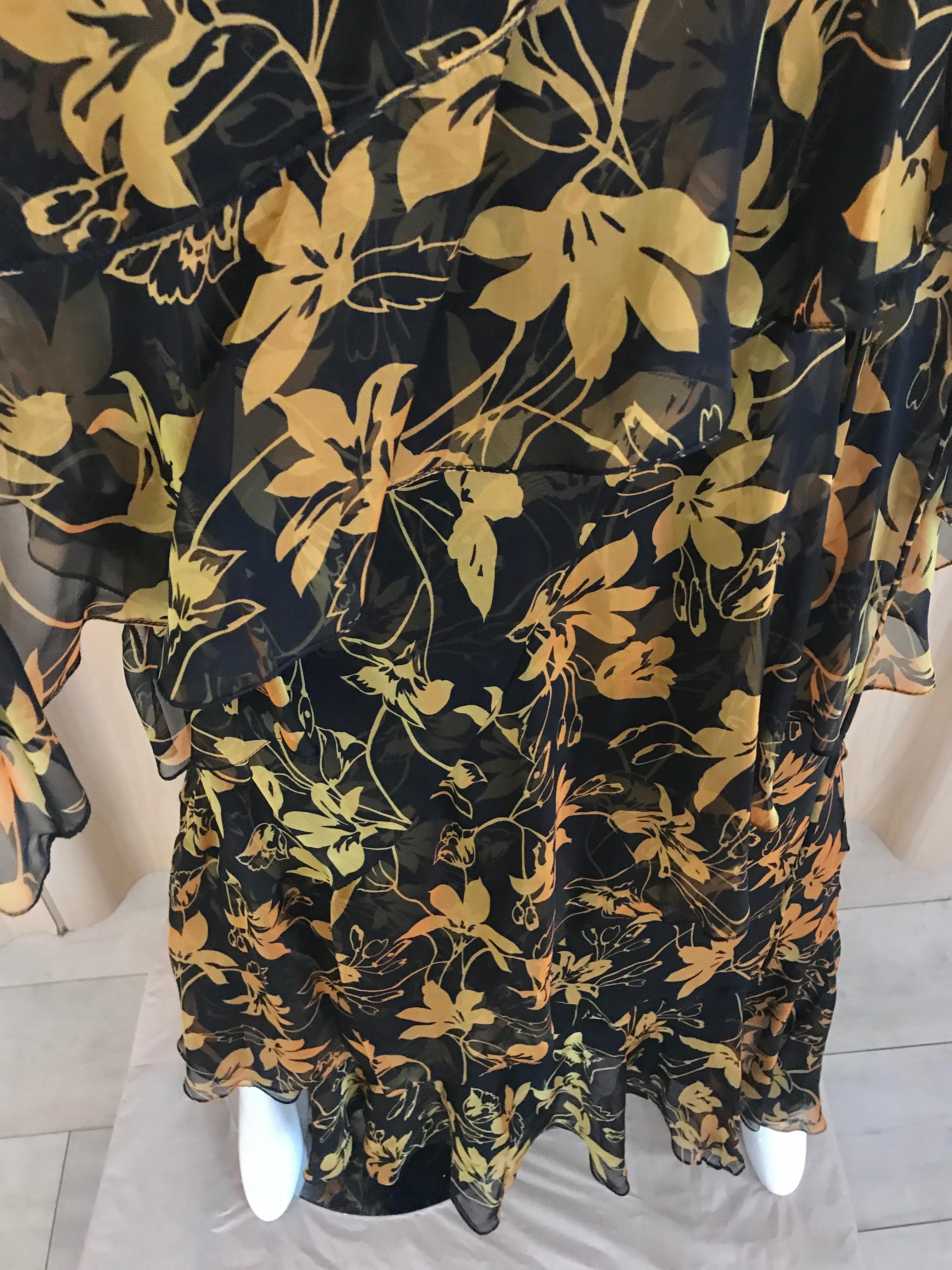 Vintage Yellow and Black Silk Floral Print Dress with Shawl by Pilar Rossi In Excellent Condition In Beverly Hills, CA