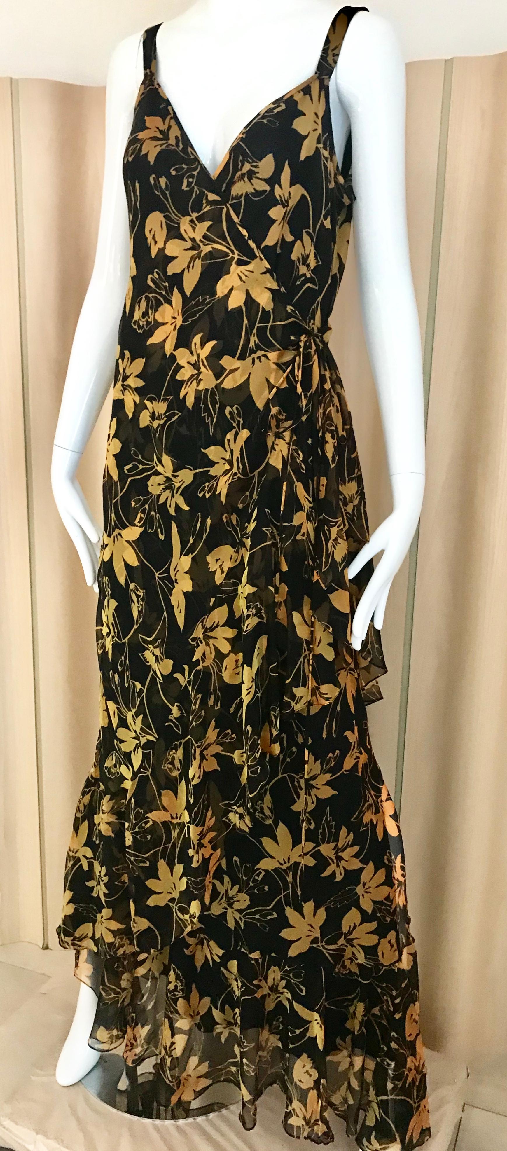 Women's Vintage Yellow and Black Silk Floral Print Dress with Shawl by Pilar Rossi