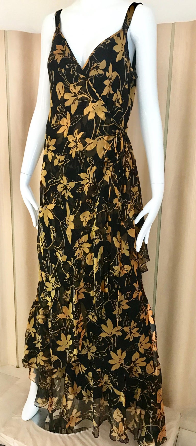 Vintage Yellow and Black Silk Floral Print Dress with Shawl by Pilar Rossi For Sale 3