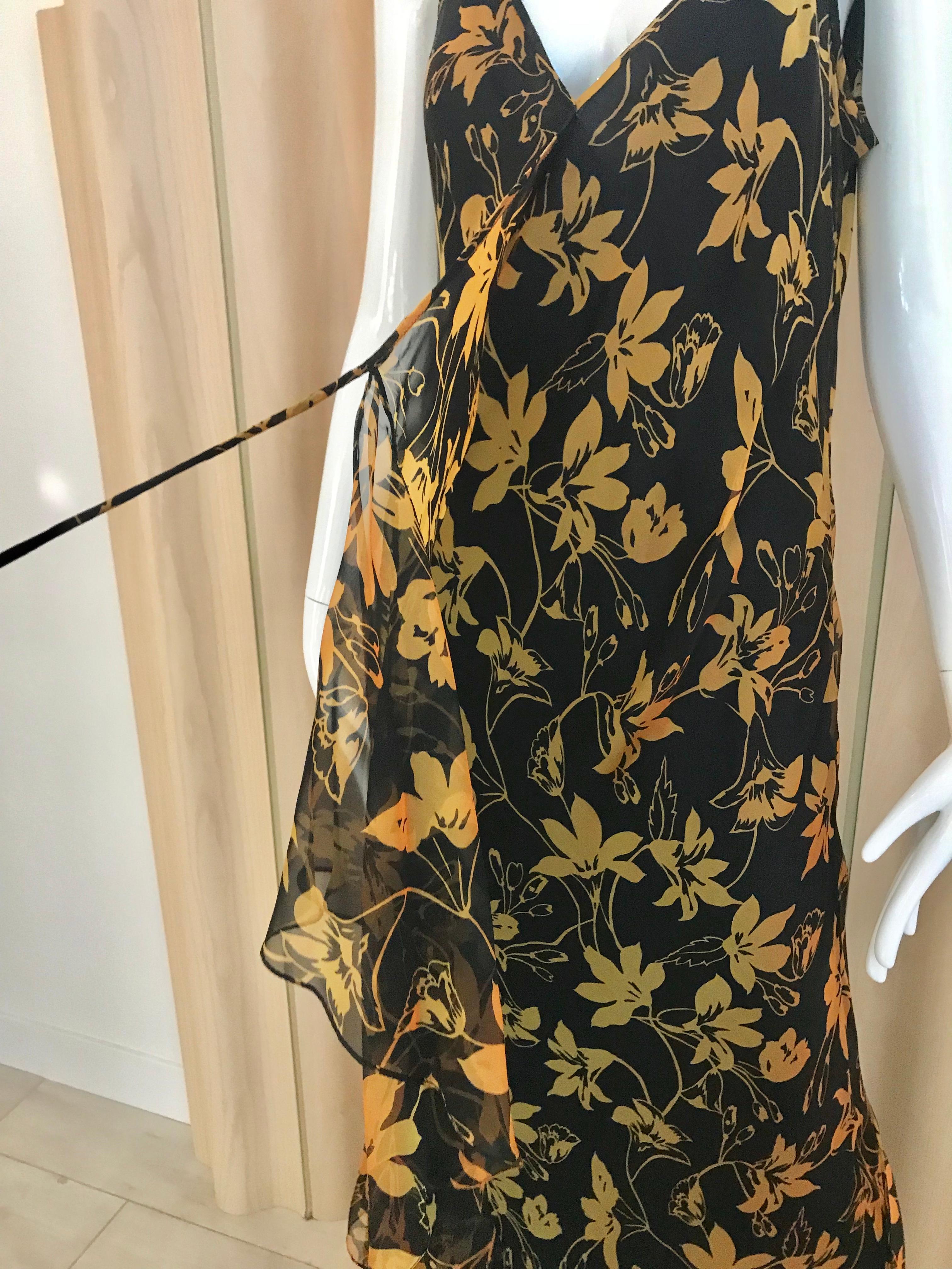 Vintage Yellow and Black Silk Floral Print Dress with Shawl by Pilar Rossi 2