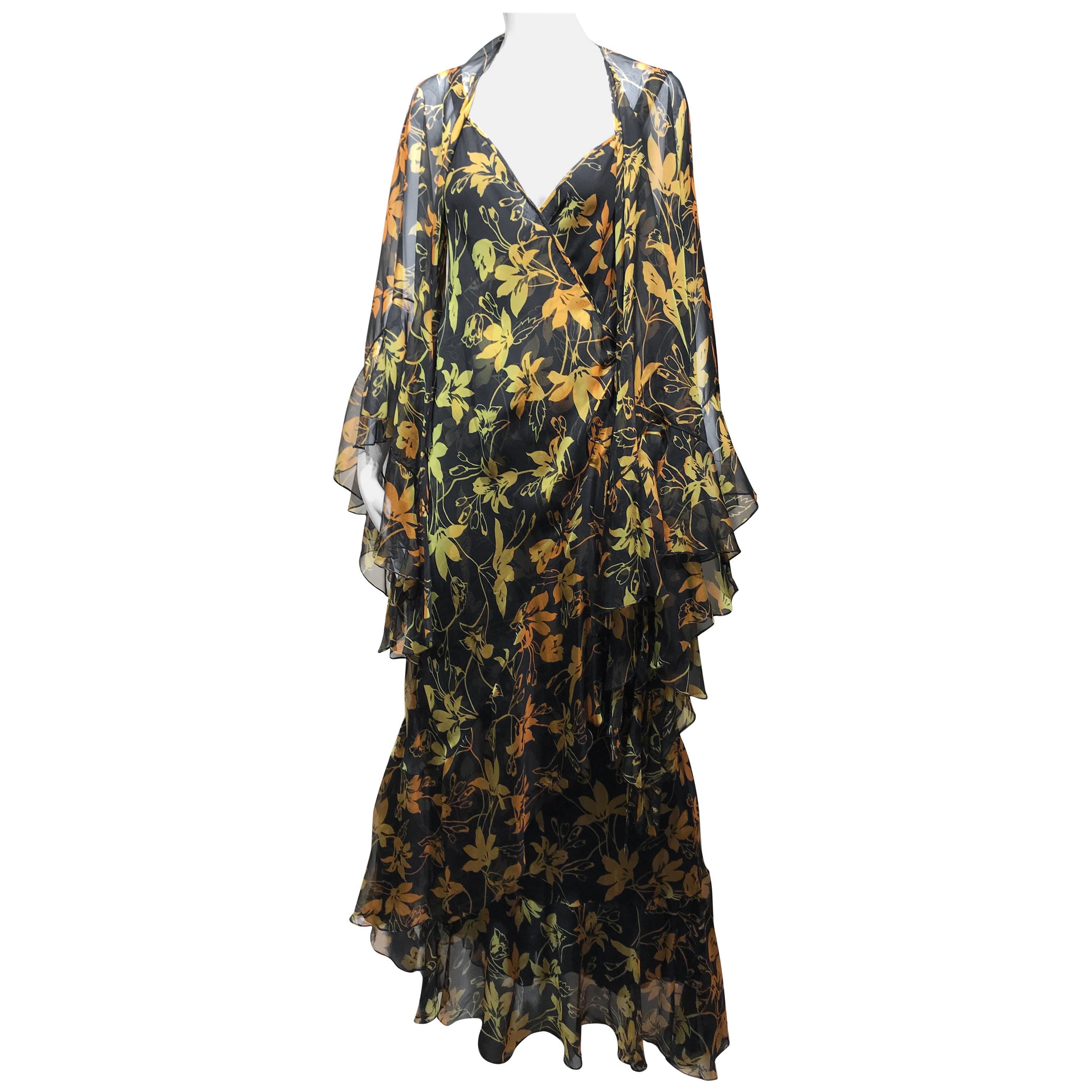 Vintage Yellow and Black Silk Floral Print Dress with Shawl by Pilar Rossi