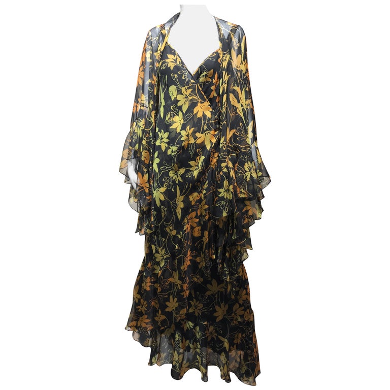 Vintage Yellow and Black Silk Floral Print Dress with Shawl by Pilar Rossi For Sale