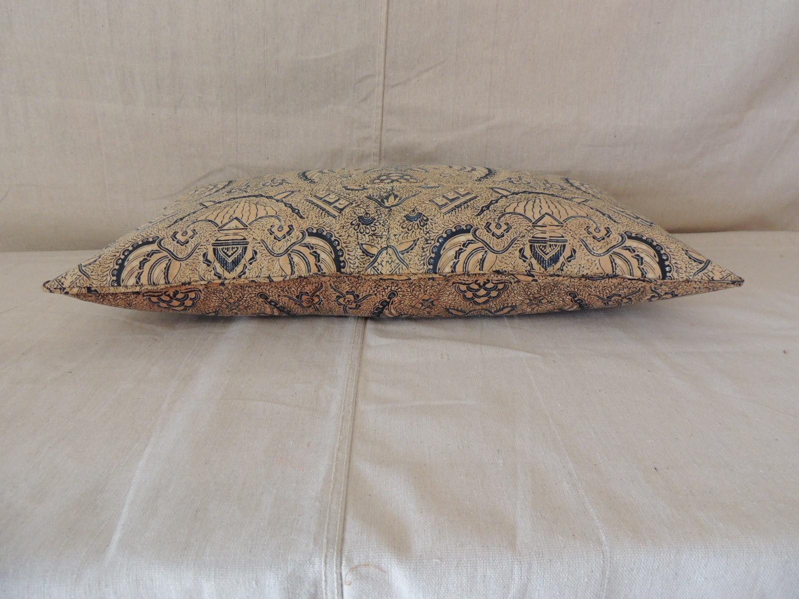 Indonesian Vintage Yellow and Blue Hand-Blocked Batik Long Bolster Decorative Pillow